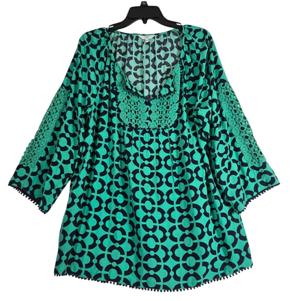 Crown & Ivy Tunic Top Womens Large Green Navy Blue Print 3/4 Sleeve Split Neck